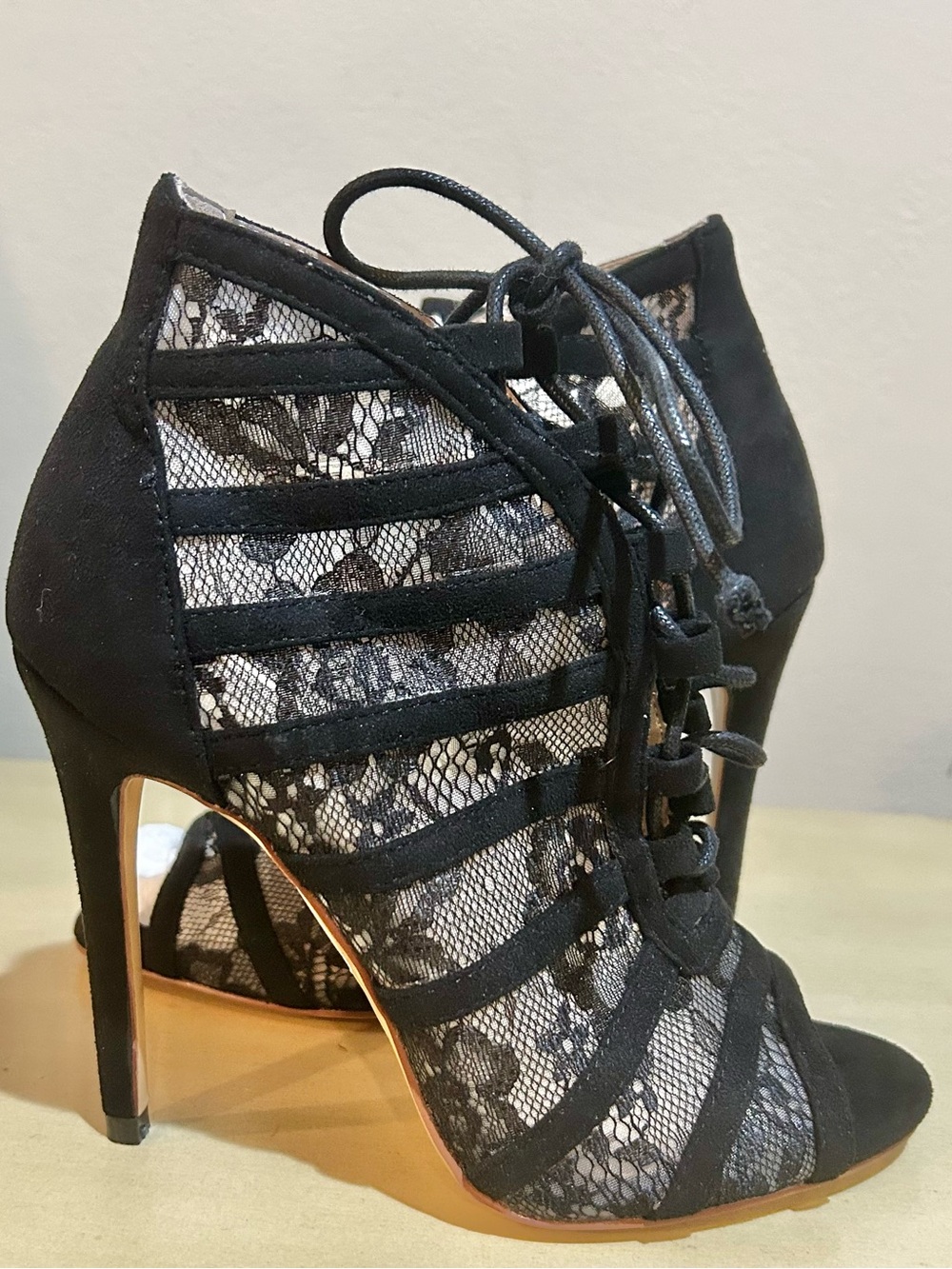 Black Lace Peep-Toe Lace-Up High Heels